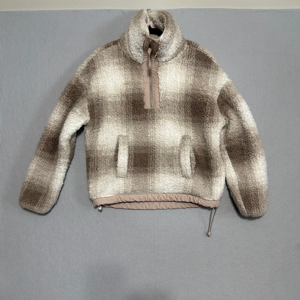 Abercrombie‎ & Fitch Brown Plaid Sherpa Fleece Quarter Zip Pullover Jacket XS